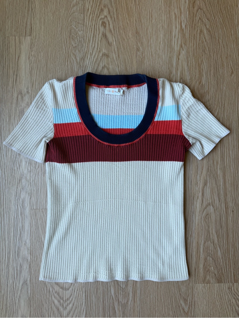 Tory Burch Ribbed Knit Striped Short Sleeve Sweater Top Medium